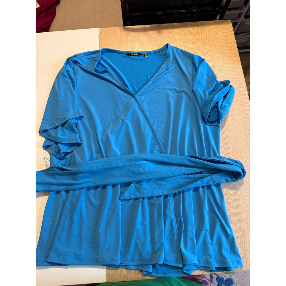 IMAN Global Chic Blue Surplice Wrap Top Short Sleeve Belted 1X 22309